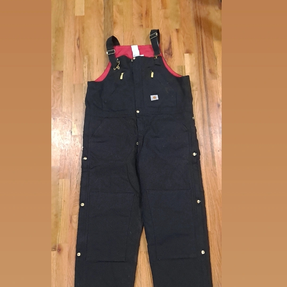 Carhartt Black Bib Overalls with Red Interior